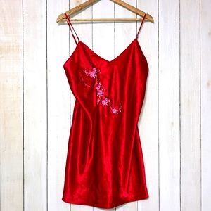 Vintage California Dynasty nightgown slip dress red satin lingerie embroidered
